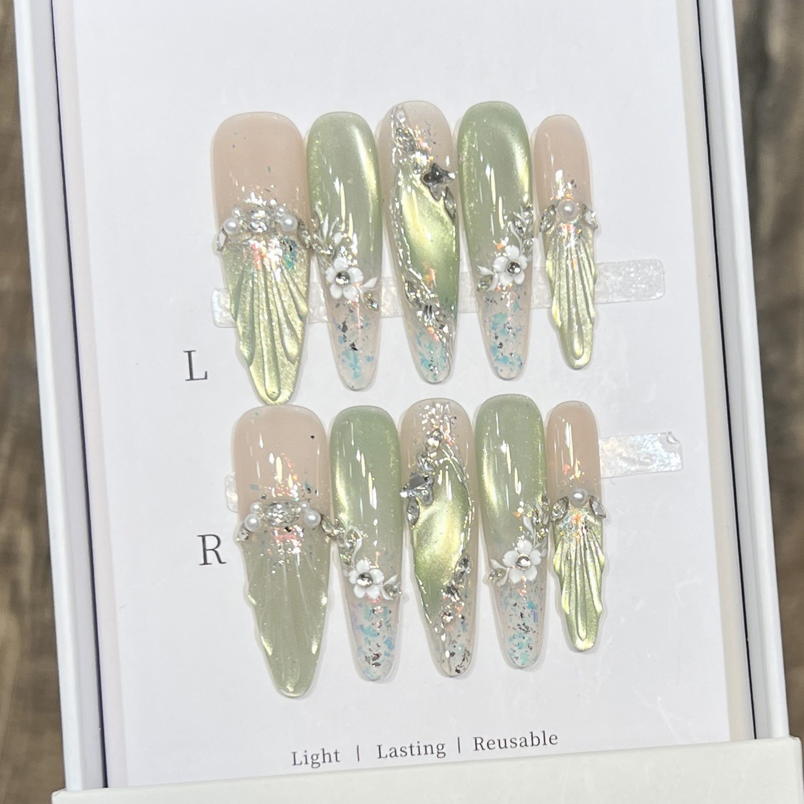 10pcs Long Almond Fake Nails T - Pressed Flower Art review and price