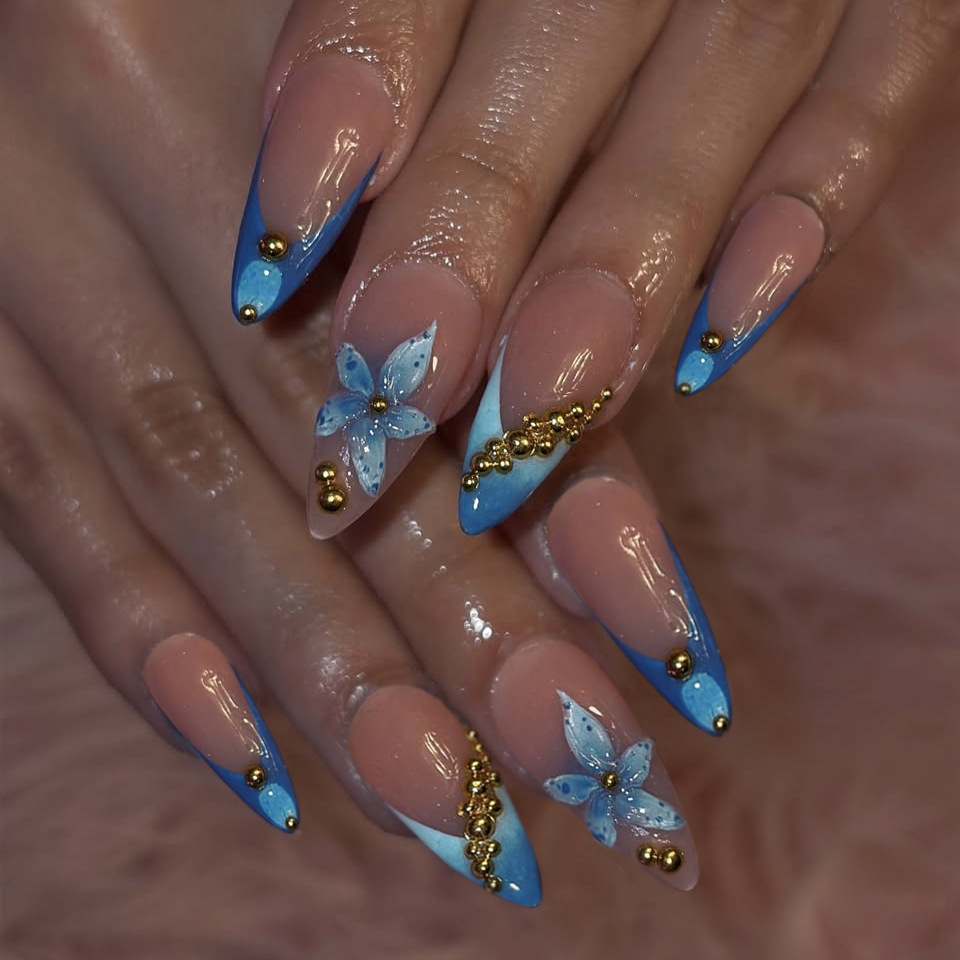 Nude fake nails with pink blue - Pressed Flower Art review and price
